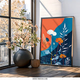 Abstract Floral Wall Art, Modern Botanical Print, Orange and Blue Flower Artwork, Contemporary Home Decor, Nature Inspired Art - Tawshia