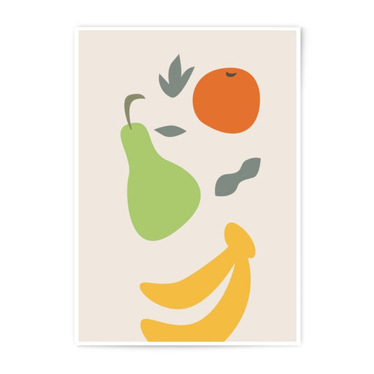 Modern Fruit Photographic Print, Abstract Food Art, Minimalist Kitchen Decor, Pear Orange Banana Wall Art, Colorful Still Life Print - Tawshia