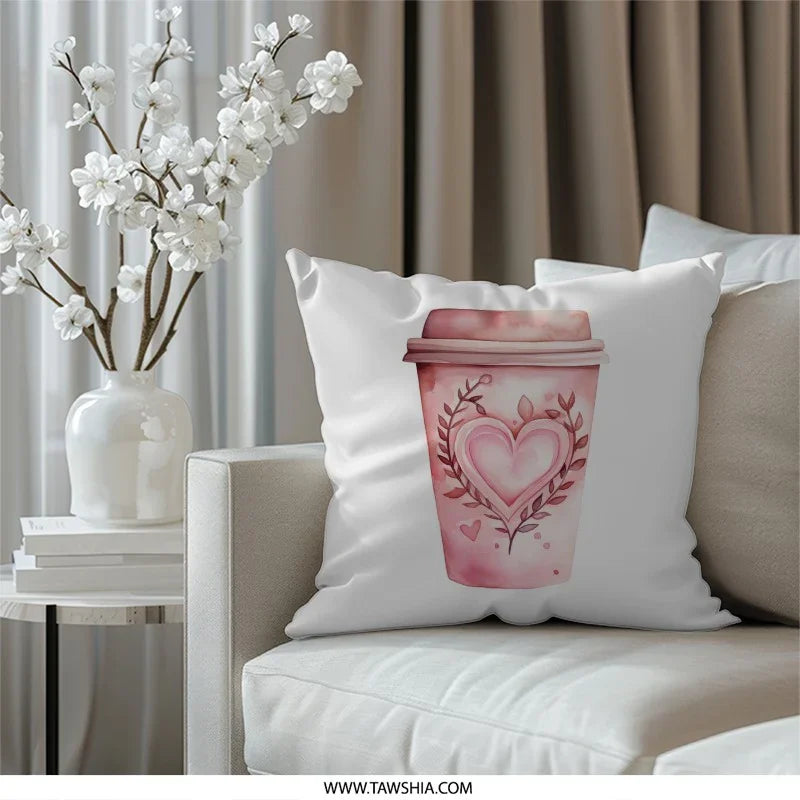 Coffee Heart Pillow, Valentine Gift, Cute Coffee Cup Throw Pillow, Pink Watercolor Design, Home Decor, Coffee Lover, Cozy Accent Pillow - Tawshia