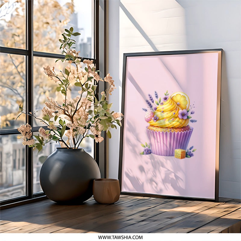 Lemon Lavender Cupcake Wall Art, Whimsical Pastry Print, Sweet Treat Home Decor, Kitchen Art, Dessert Lover Gift, Foodie Wall Decor - Tawshia