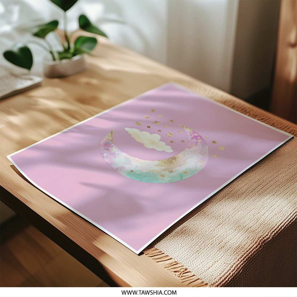 Moon Stars Cloud Photographic Print, Pastel Art Print, Nursery Decor, Celestial Wall Art, Dreamy Home Decor - Tawshia