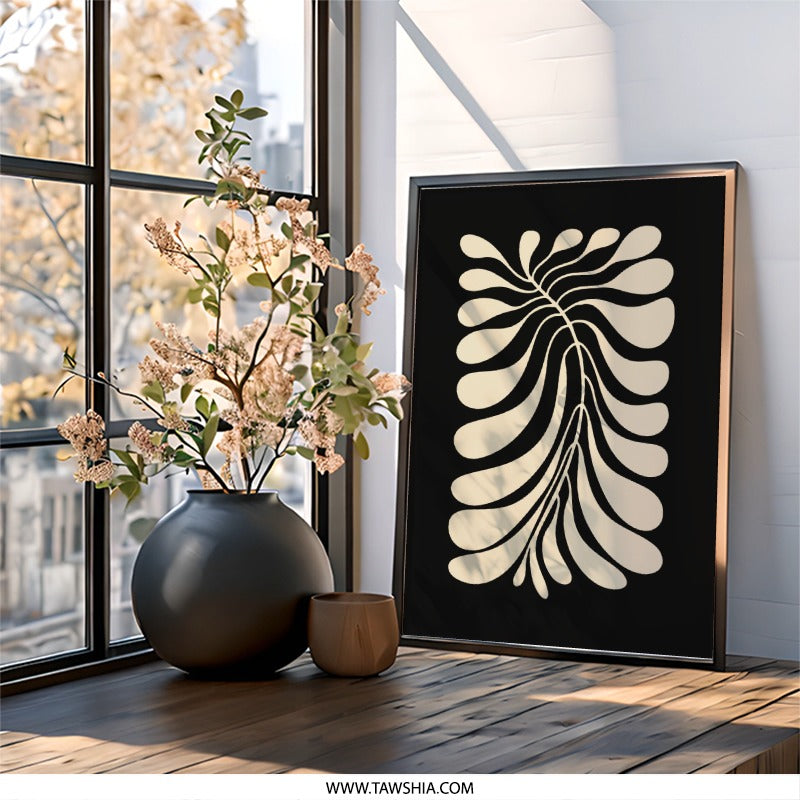 Minimalist Leaf Wall Art, Abstract Plant Print, Modern Botanical Decor, Black and Beige Artwork, Home Decor, Office Art - Tawshia