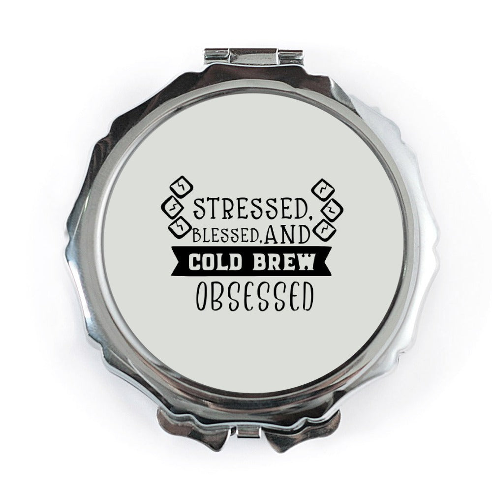Stressed Blessed, Cold Brew Obsessed Pocket Mirror, Coffee Lover Gift, Caffeine Addict Present, Portable Makeup Mirror, Compact Mirror - Tawshia