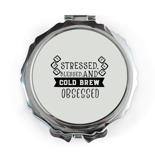 Stressed Blessed, Cold Brew Obsessed Pocket Mirror, Coffee Lover Gift, Caffeine Addict Present, Portable Makeup Mirror, Compact Mirror - Tawshia