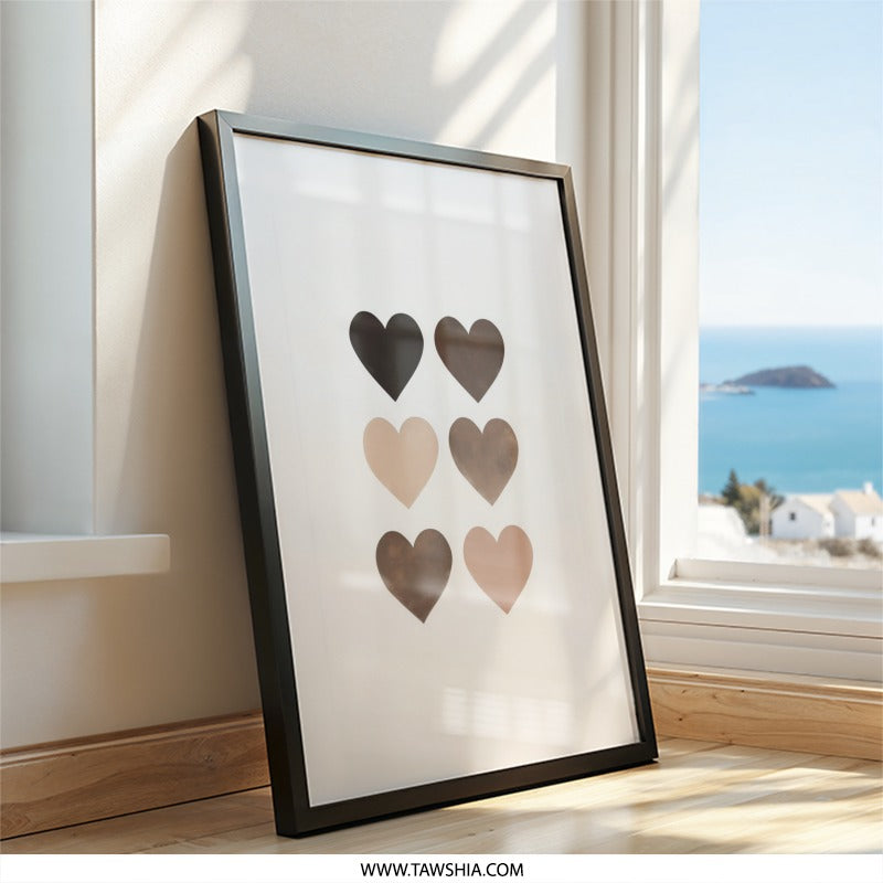 Skin Tone Hearts Wall Art, Diversity Art Print, Love and Unity Home Decor, Minimalist Heart Design, Neutral Tone Wall Decor - Tawshia