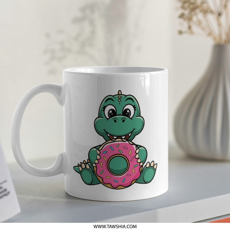 Cute Dinosaur Mug, Donut Lover, Funny Animal Mug, Coffee Mug, Gift Mug, Cartoon Mug, Novelty Mug, Tea Cup, Ceramic Mug - Tawshia