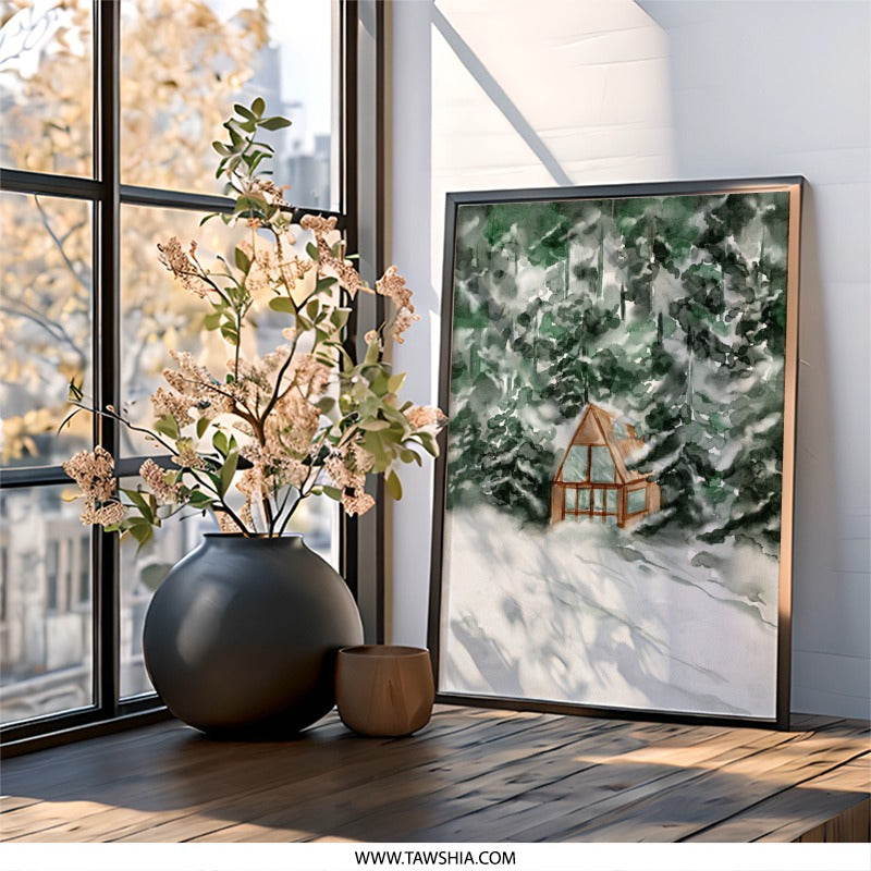 Snowy Cabin Wall Art, Winter Landscape Print, A Frame House Decor, Forest Scenery Artwork, Cozy Home Painting, Holiday Wall Decor - Tawshia