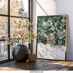 Snowy Cabin Wall Art, Winter Landscape Print, A Frame House Decor, Forest Scenery Artwork, Cozy Home Painting, Holiday Wall Decor - Tawshia