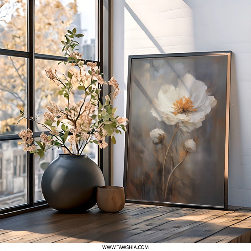 White Poppy Flower Wall Art, Floral Painting Print, Botanical Home Decor, Modern Art Print, Abstract Floral Art - Tawshia