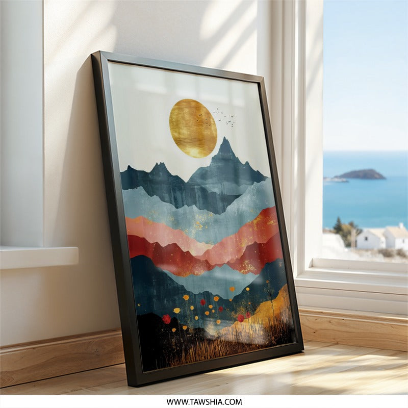 Abstract Mountain Wall Art, Landscape Print, Sunset Scenery, Home Decor, Nature Wall Decor, Minimalist Art, Bohemian Wall Decor, Floral Art - Tawshia