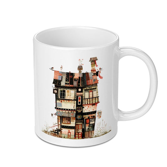 Quirky House Mug, Unique Home Gift, Whimsical Building Art Mug, Colorful Architecture Coffee Cup, Funky Urban Dwelling, Eclectic Decor Mug - Tawshia