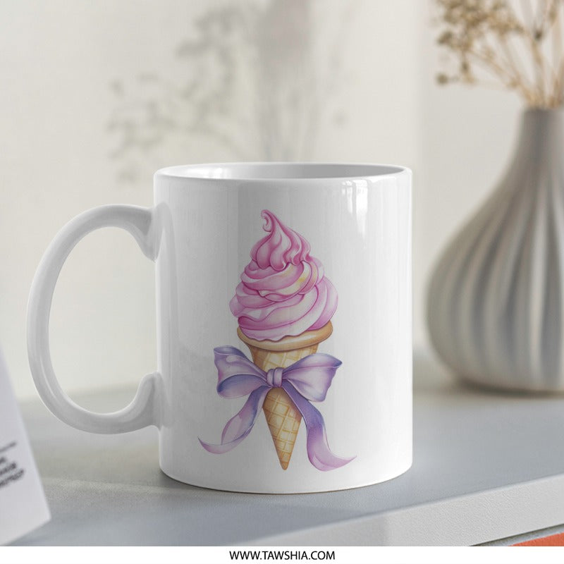 Ice Cream Cone Mug, Pink Treat Mug, Dessert Lover Gift, Cute Bow Mug, Sweet Design Coffee Cup, Watercolor Mug, Food Mug, Gift for Her - Tawshia
