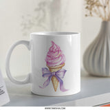 Ice Cream Cone Mug, Pink Treat Mug, Dessert Lover Gift, Cute Bow Mug, Sweet Design Coffee Cup, Watercolor Mug, Food Mug, Gift for Her - Tawshia