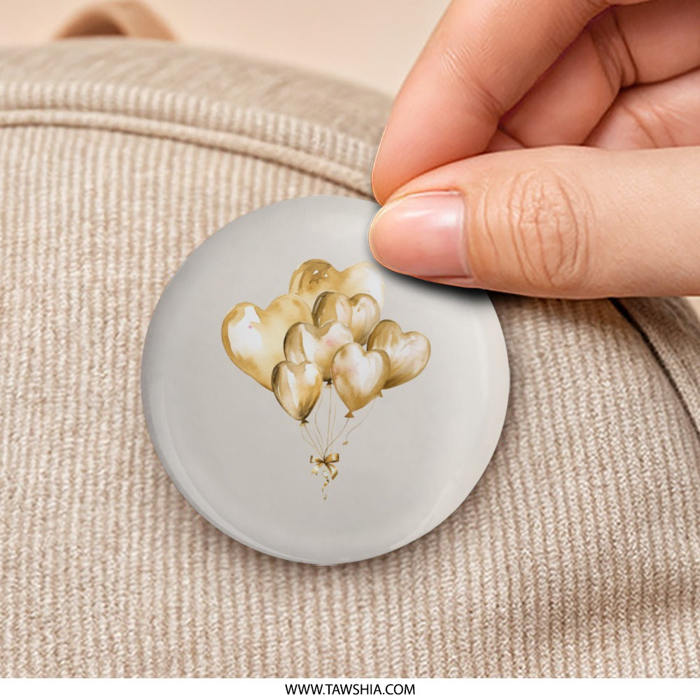 Heart Balloons Pinback, Gold Balloon Art Pin, Cute Balloon Heart Gift, Party Favor Pinback, Trendy Badge, Heart Balloon Button, Heart Pin - Tawshia