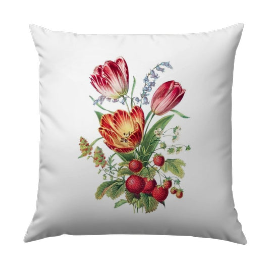 Floral Bouquet Pillow, Tulips and Strawberries, Botanical Art Decor, Vintage Inspired Throw Pillow, Spring Home Accent - Tawshia