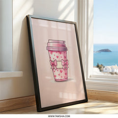 Pink Coffee Cup Framed Wall Art, Hearts and Bows Decor, Coffee Lover Gift, Cute Kitchen Art, Pink Wall Art, Beverage Illustration - Tawshia