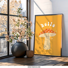 Hello Mushroom Wall Art, Funky Decor, Smiley Face, Retro Print, Cute Mushroom, Kids Room Art, Playroom Decor, Quirky Wall Decor - Tawshia