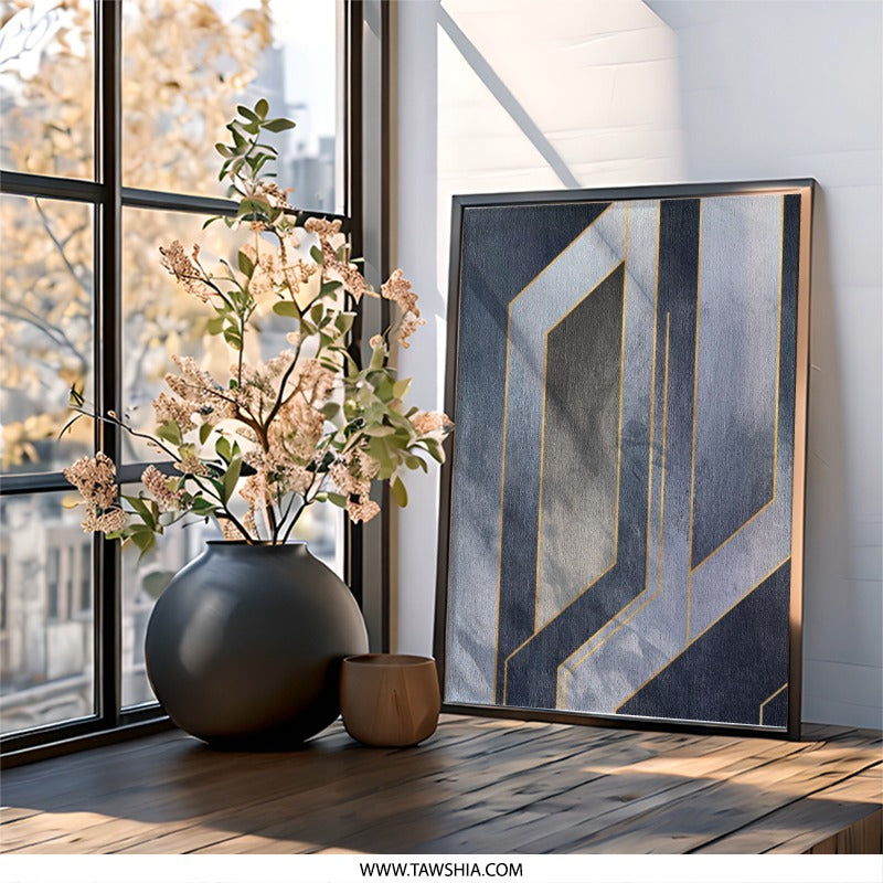 Abstract Wall Art, Geometric Art Print, Modern Art Decor, Blue and Gold Abstract Art, Minimalist Wall Hanging, Home Decor Wall Art - Tawshia