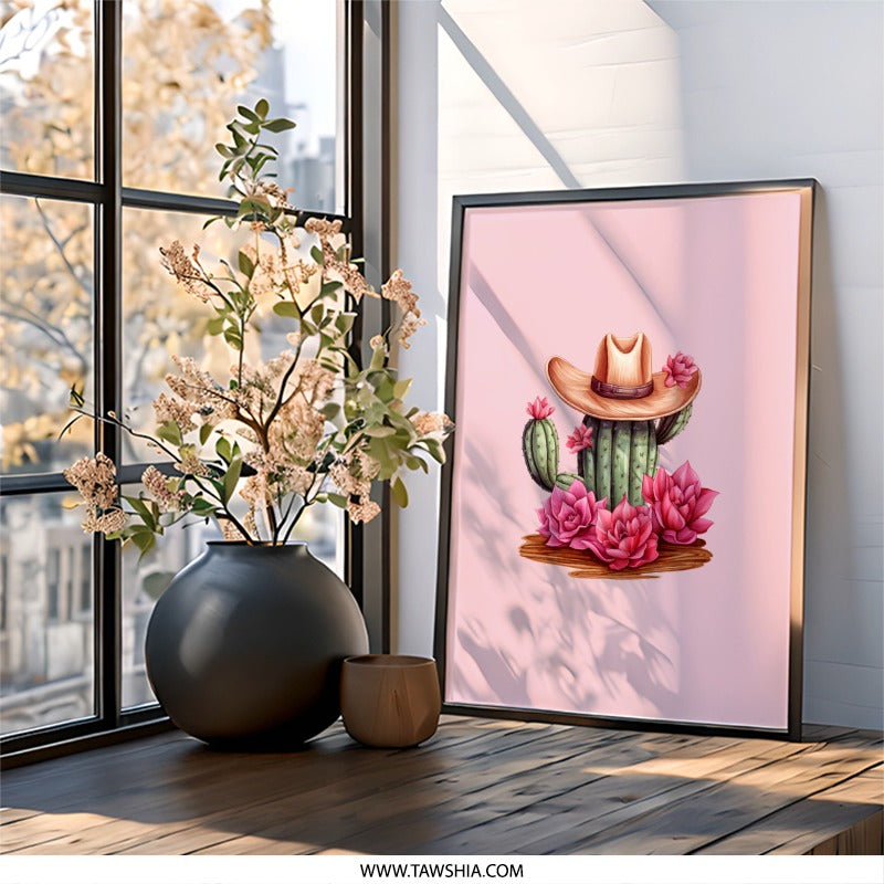 Cactus Wall Art, Cowboy Hat Art, Floral Wall Decor, Desert Art Print, Western Theme Decor, Southwest Wall Art, Succulent Art - Tawshia