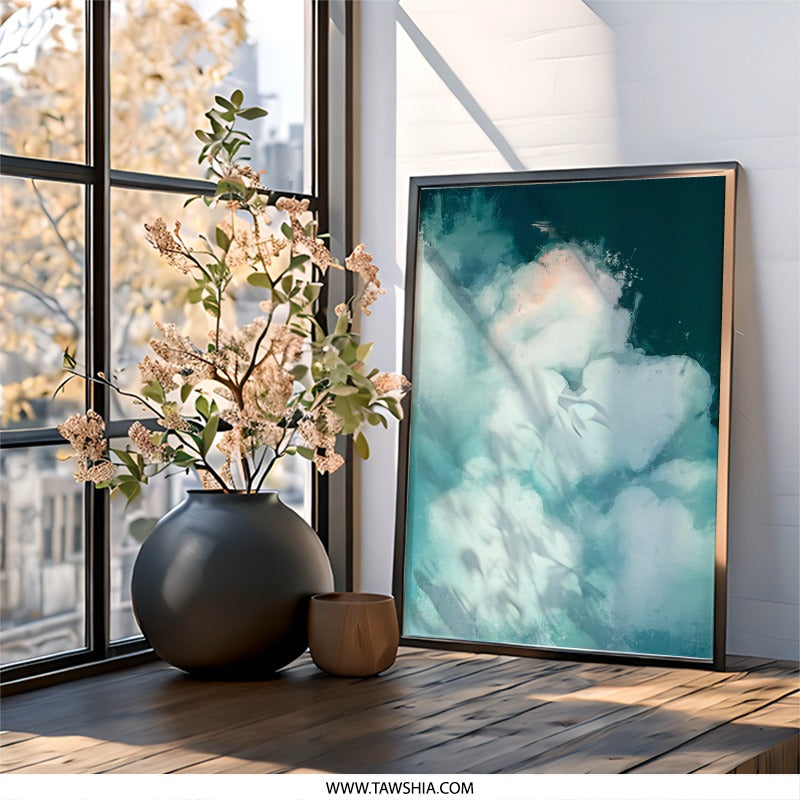 Abstract Cloud Wall Art, Dreamy Sky Painting Print, Modern Home Decor, Atmospheric Cloudscape, Contemporary Fine Art, Teal and White, Wall - Tawshia