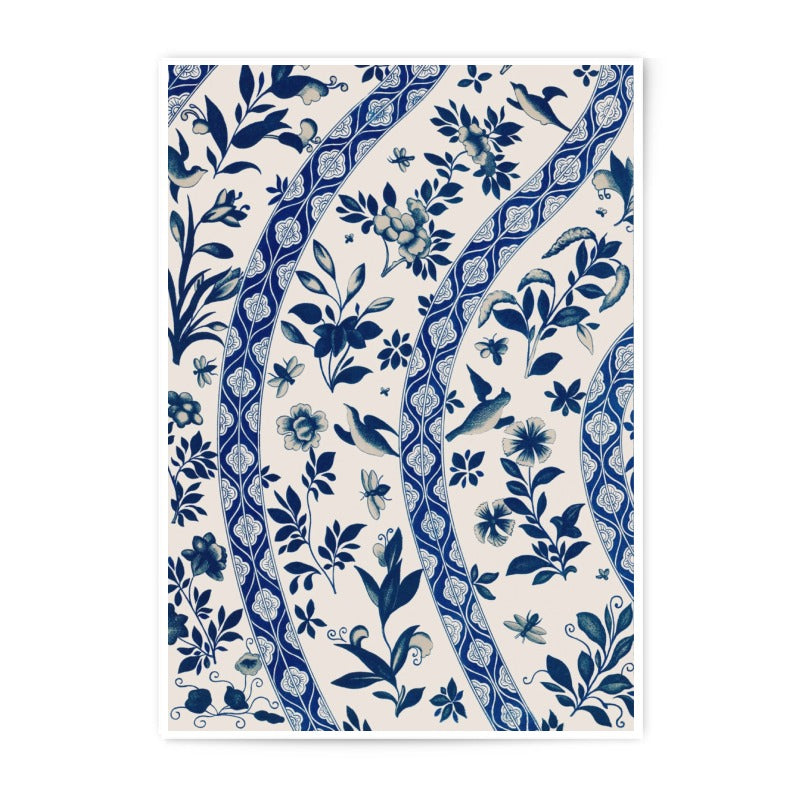 Blue Floral Photographic Print, Botanical Wall Art, Indigo Home Decor, Bird Art Print, Flower Illustration, Nature Inspired Art - Tawshia