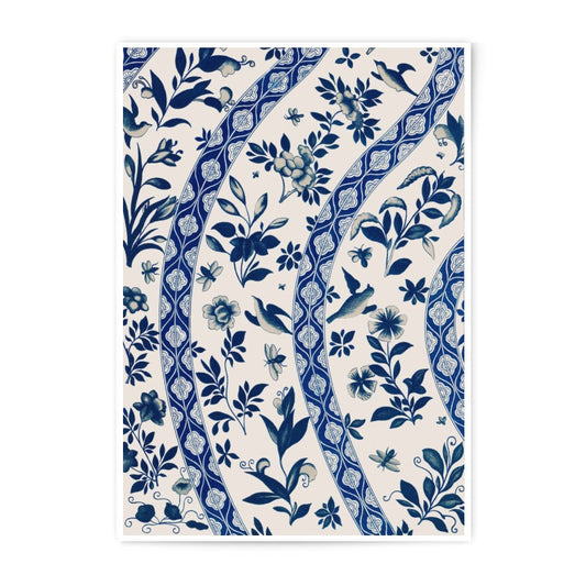 Blue Floral Photographic Print, Botanical Wall Art, Indigo Home Decor, Bird Art Print, Flower Illustration, Nature Inspired Art - Tawshia