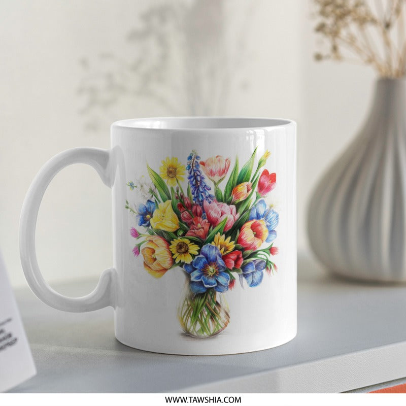 Floral Mug, Watercolor Flower Mug, Bouquet Mug, Flower Lover Gift, Colorful Flower Art Mug, Unique Coffee Mug, Floral Illustration Mug - Tawshia