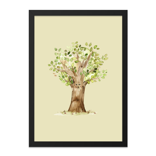 Cute Tree Framed Wall Art, Smiling Tree Art, Green Leaf Decor, Nature Print, Kids Room Art, Nursery Decor, Black Frame, Watercolor - Tawshia