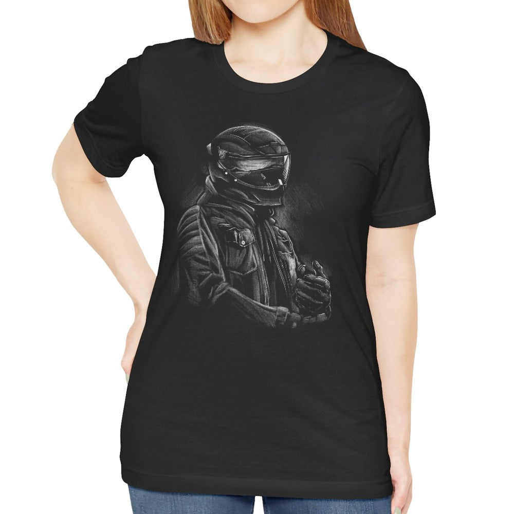 Mysterious Helmeted Figure Graphic Black T-Shirt product type