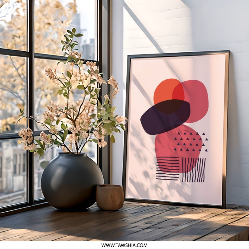 Abstract Shapes Wall Art, Modern Geometric Print, Contemporary Art Poster, Minimalist Wall Decor, Pink Orange Purple Wall Art - Tawshia