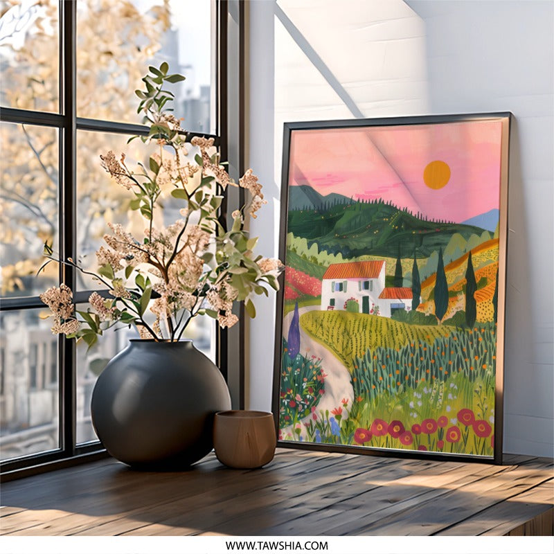 Tuscan Landscape Wall Art, Italy Painting Print, Countryside Home Decor, Italian Villa Scenery, Tuscany Fields Artwork - Tawshia