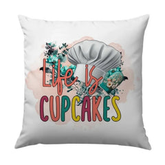 Life is Cupcakes Pillow, Chef Hat Pillow, Floral Baking Pillow, Cupcake Lover Gift, Kitchen Decor Pillow, Home Decor Accent Pillow - Tawshia