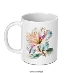 White Hibiscus Flower Mug, Floral Art Coffee Cup, Watercolor Botanical Mug, Colorful Blossom Tea Mug, Unique Flower Gift, Art Lover Gift - Tawshia