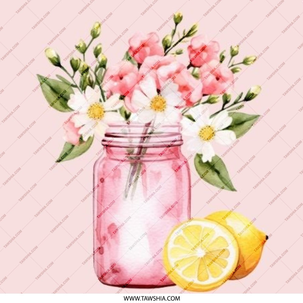 Pink Flowers in Mason Jar, Lemon Pinback Button, Cute Floral Badge, Botanical Button, Summer Accessory, Gift for Her, Party Favors - Tawshia