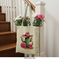 Cactus Tote Bag, Cowboy Hat, Western Tote, Desert Style Bag, Flower Tote, Plant Lover Gift, Unique Tote, Stylish Bag, Everyday Bag - Tawshia