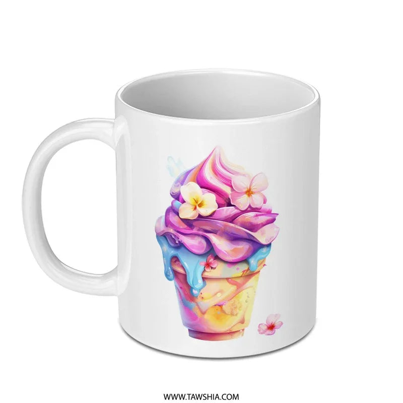 Ice Cream Mug, Colorful Dessert Mug, Floral Mug, Food Mug, Watercolor Mug, Novelty Mug, Gift Idea - Tawshia
