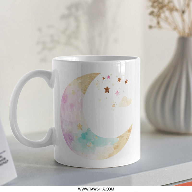 Crescent Moon Mug, Watercolor Stars Mug, Celestial Mug, Dreamy Mug, Unique Coffee Mug, Gift Mug, Hot Chocolate Mug, Cozy Mug, Moon Lover Mug SKU: MG10004208 - Tawshia