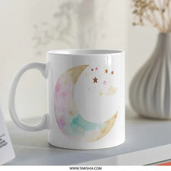 Crescent Moon Mug, Watercolor Stars Mug, Celestial Mug, Dreamy Mug, Unique Coffee Mug, Gift Mug, Hot Chocolate Mug, Cozy Mug, Moon Lover Mug SKU: MG10004208 - Tawshia