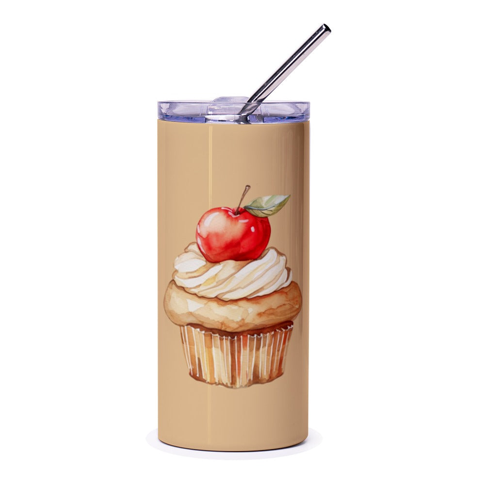 Apple Topped Cupcake Tumbler, Sweet Treat Drinkware, Dessert Lover Gift, Watercolor Cupcake Design, Unique Tumbler Cup, Kitchen Accessories - Tawshia