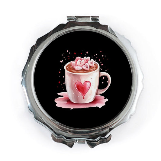 Heart Cocoa Pocket Mirror, Valentines Day Gift, Love Mug, Coffee Cup Mirror, Cute Folding Mirror, Cosmetic Mirror, Travel Mirror - Tawshia
