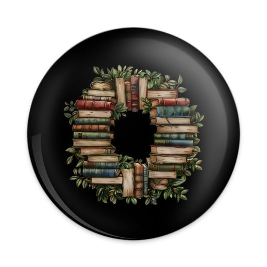 Book Wreath Pinback Button, Library Decor Pin, Literary Gift, Teacher Gift Idea, Book Lover Gift, Unique Holiday Accessories - Tawshia