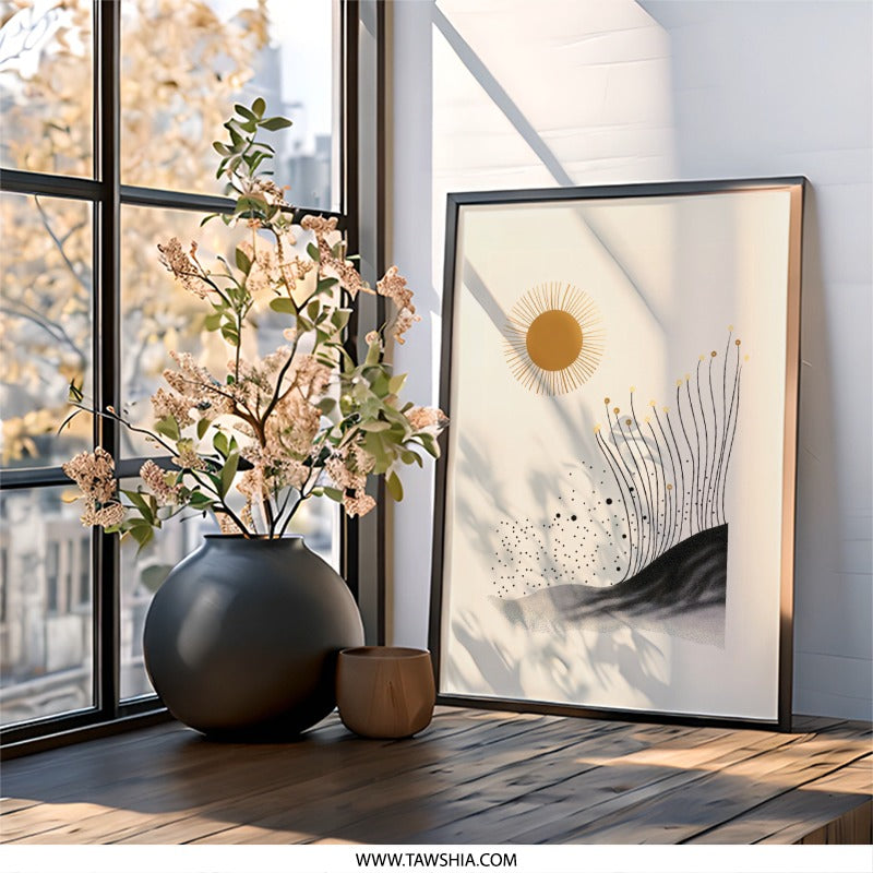 Minimalist Landscape Wall Art, Abstract Sun Print, Bohemian Art Decor, Modern Scenery Artwork, Contemporary Wall Hanging - Tawshia
