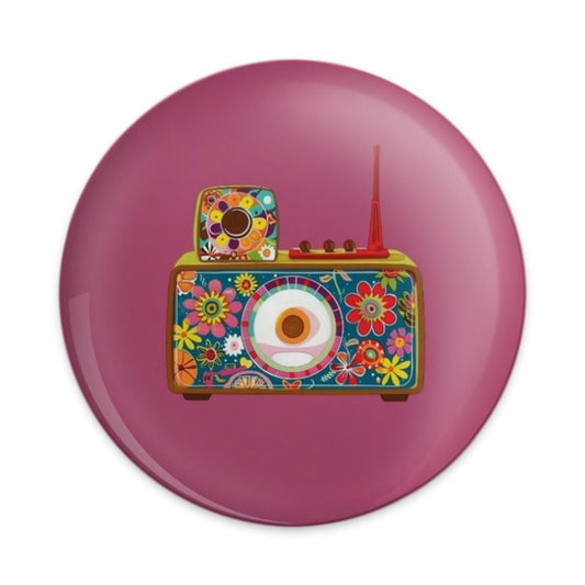 Retro Radio Pinback Button, Floral 70s Vibe Button, Vintage Radio Style Pin, Colorful Flower Power Button, Music Lover Gift Button - Tawshia