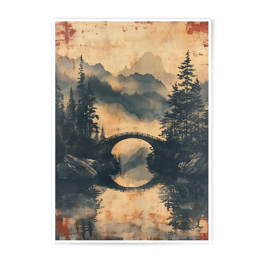Landscape Photographic Print, Bridge Reflection Art, Mountain Forest Scene, Nature Wall Decor, Rustic Fine Art Print - Tawshia