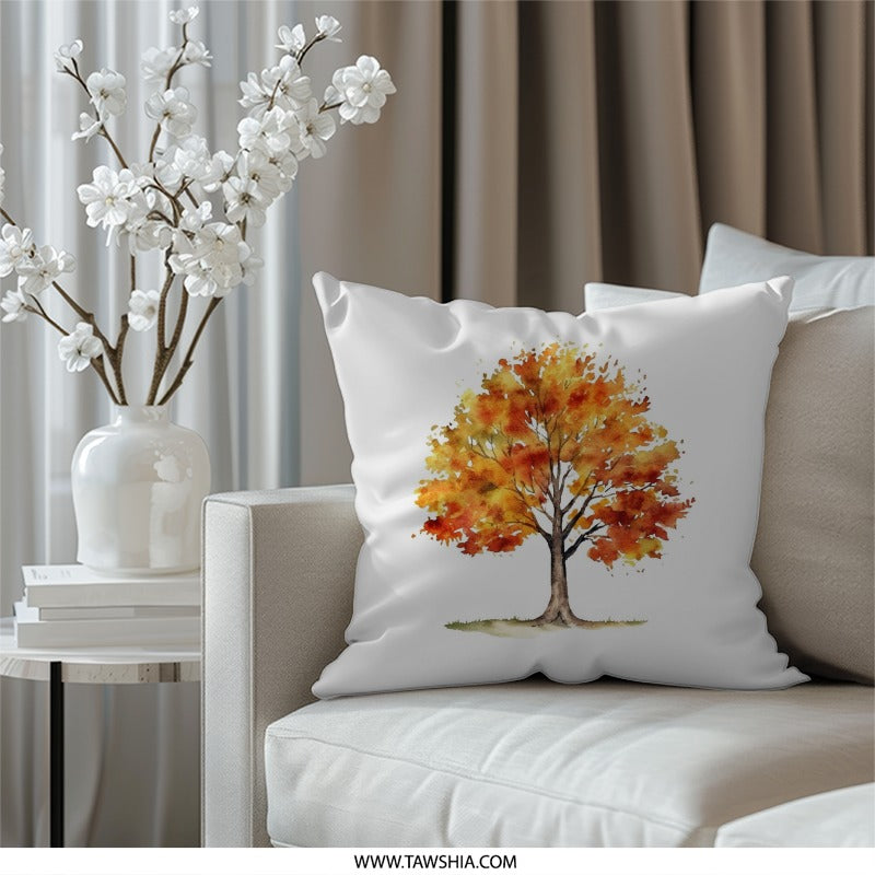 Autumn Tree Watercolor Pillow, Fall Decor Cushion, Nature Inspired Throw Pillow, Seasonal Accent Pillow, Unique Design Pillow - Tawshia