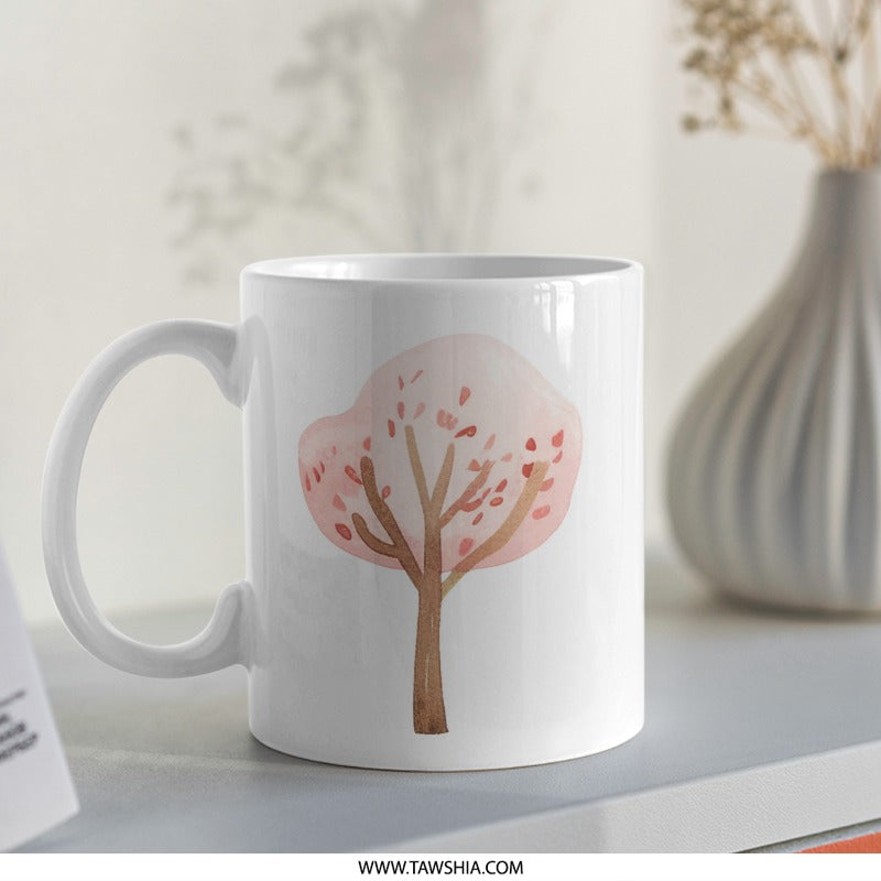 Watercolor Tree Mug, Pink Blossom Mug, Floral Coffee Cup, Springtime Gift, Cute Tree Lover Gift, Tree of Life Mug, Nature Lover SKU: MG10004211 - Tawshia