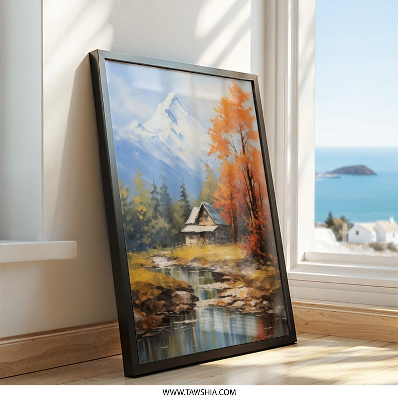 Mountain Cabin Wall Art, Autumn Landscape Print, River Scene Painting, Rustic Home Decor, Framed Art, Nature Artwork, Scenic View - Tawshia