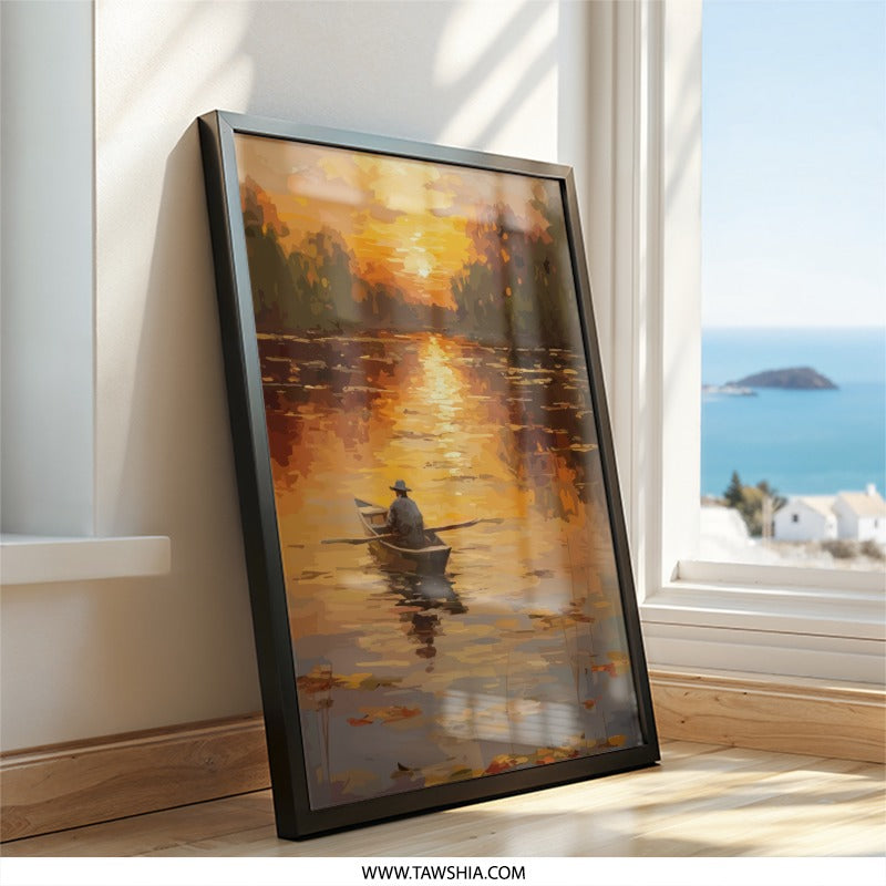 Sunset River Wall Art, Man in Boat Painting, Landscape Artwork, Peaceful Scenery Print, Calm Waters Home Decor, Golden Hour Wall Decor - Tawshia