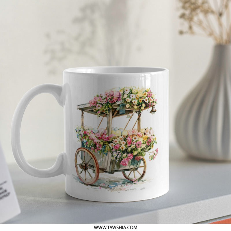 Floral Ice Cream Cart Mug, Watercolor Flower Cart Coffee Mug, Cute Food Cart Mug, Unique Flower Bouquet Mug, Whimsical Coffee Cup, Gift Mug - Tawshia