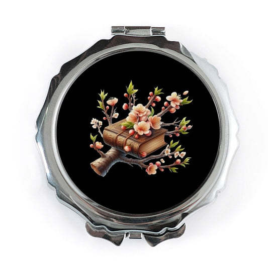 Book and Blossom Pocket Mirror, Floral Accessory, Elegant Compact Mirror, Unique Gift for Book Lovers, Stylish Handbag Essential - Tawshia